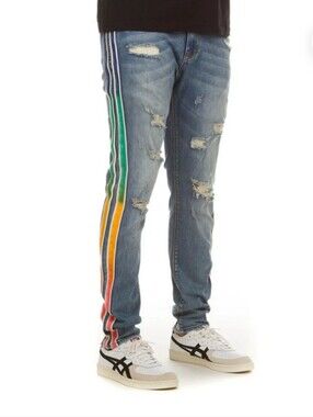 AKOO Nature Hill Street Rainbow Stripe Skulk Fit Distressed Blue Denim Jeans